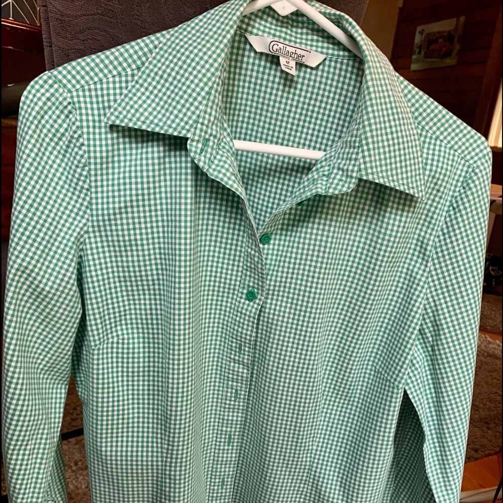Green/White Checked long sleeved Blouse